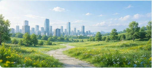 A green park leading toward a modern city skyline